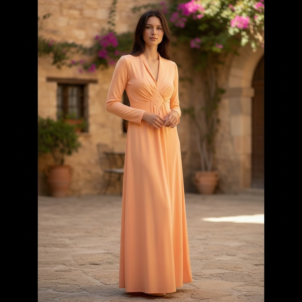 70s Maxi Babydoll Dress Sz S Peach Orange Longsleeve V-Neck Hostess Flaw